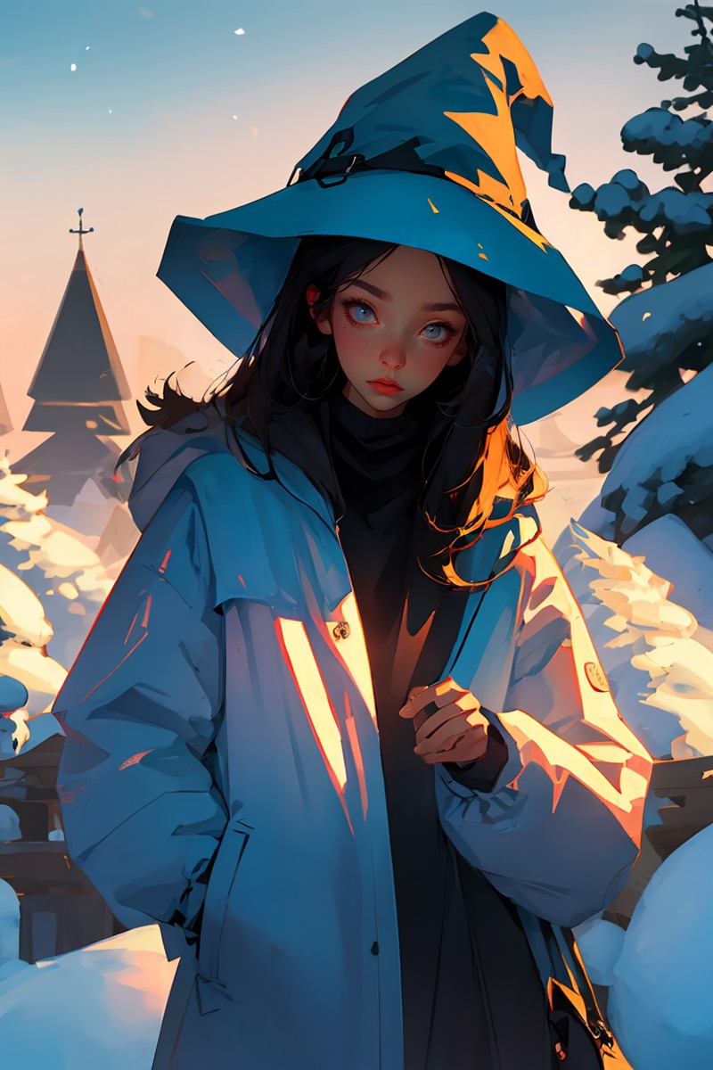 (best quality, masterpiece), 1girl, winter, coat, witch,